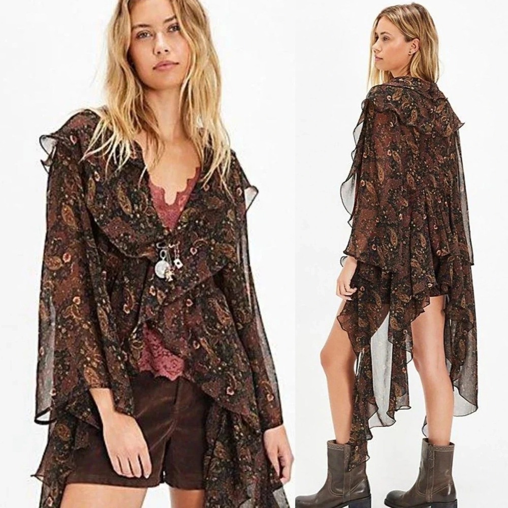 Free People High Low Sheer Ruffle Duster One Size Paisley Print Brown
